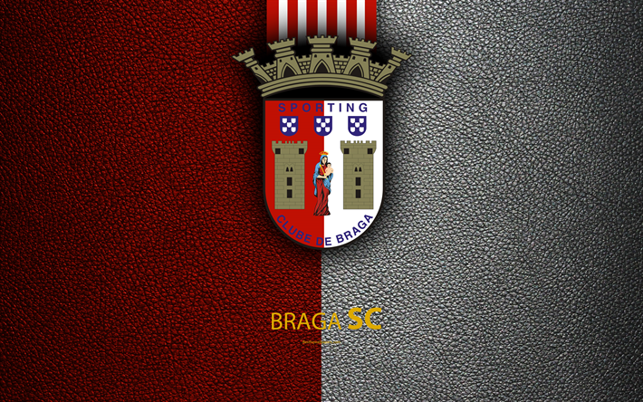 Braga FC, 4K, leather texture, Liga NOS, Primeira Liga, emblem, logo, Braga, Portugal, football, Portugal Football Championships