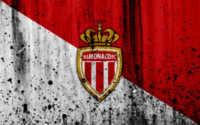 AS Monaco, 4k, logo, Ligue 1, stone texture, Monaco, grunge, soccer, football club, metal texture, Liga 1, Monaco FC