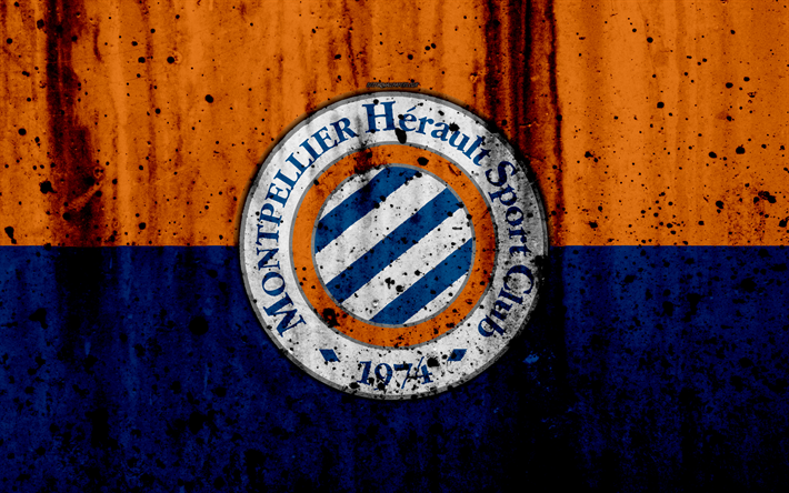 1 FC Montpellier, 4k, logo, 1 Lig, taş doku, Montpellier, Fransa, grunge, futbol, futbol kul&#252;b&#252;, metal doku, Lig, Montpellier FC