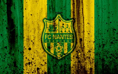 FC Nantes, 4k, logo, Ligue 1, stone texture, Nantes, grunge, soccer, football club, metal texture, Liga 1, Nantes FC