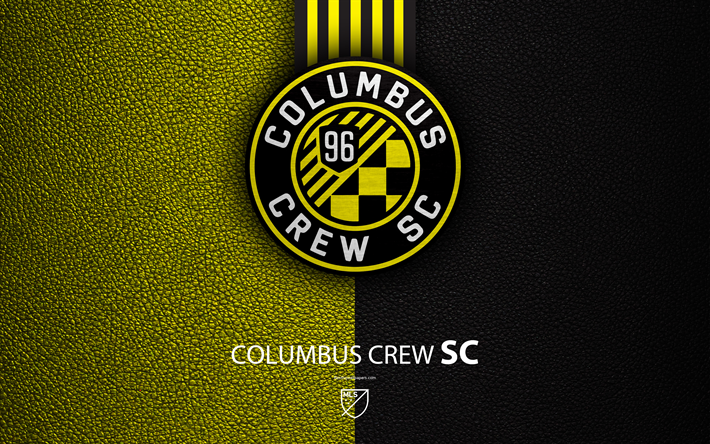 Columbus Crew SC, 4k, American soccer club, MLS, leather texture, logo, emblem, Major League Soccer, Columbus, Ohio, USA, football, MLS logo