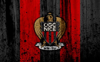 FC Nice, 4k, logo, Ligue 1, stone texture, Nice, grunge, soccer, football club, metal texture, Liga 1, Nice FC