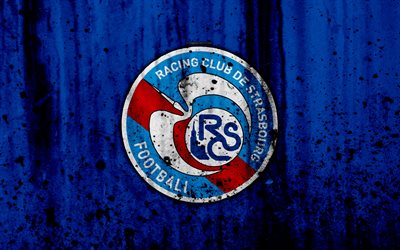 FC Strasbourg, 4k, logo, Ligue 1, stone texture, Strasbourg, grunge, soccer, football club, metal texture, Liga 1, Strasbourg FC