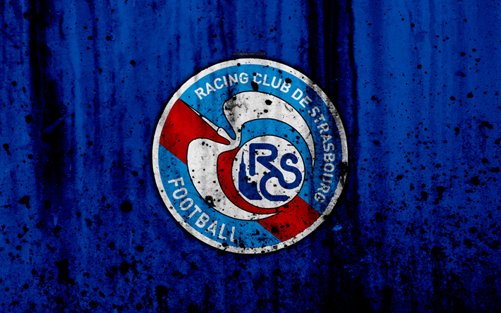 FC Strasbourg, 4k, le logo de la Ligue 1, la texture de pierre, Strasbourg, grunge, football, club de football, le m&#233;tal de la texture, de la Liga 1, Strasbourg FC