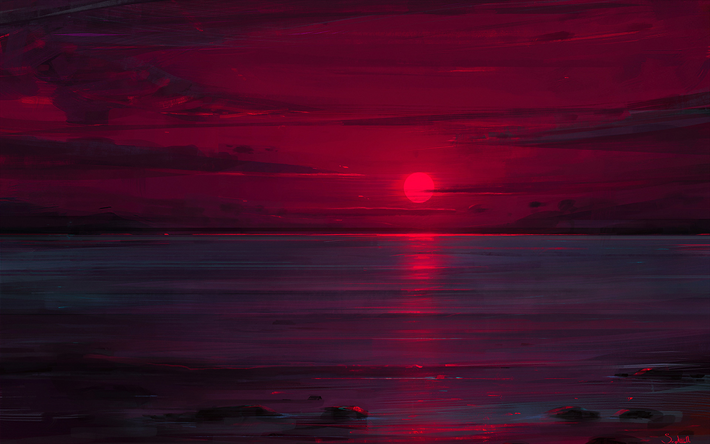 sea, sunset, red sun, darkness, art
