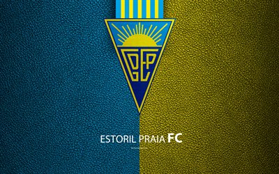 Estoril Praia FC, 4K, textura de couro, Liga NOS, Primeira Liga, emblema, logo, Santa Estoril, Portugal, futebol, Campeonato De Futebol De Portugal