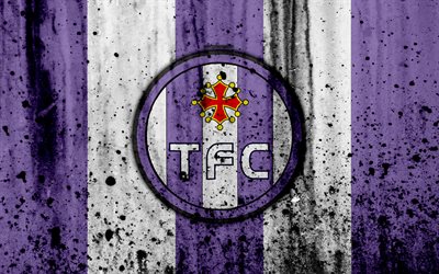 FC Toulouse, 4k, logo, Ligue 1, stone texture, Toulouse, grunge, soccer, football club, metal texture, Liga 1, Toulouse FC