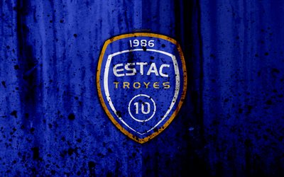 FC Troyes, 4k, logo, Ligue 1, stone texture, Troyes, grunge, soccer, football club, metal texture, Liga 1, Troyes FC