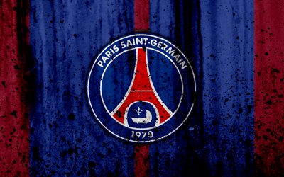 FC PSG, 4k, logo, Paris Saint-Germain, Ligue 1, stone texture, PSG, grunge, soccer, football club, metal texture, Liga 1, PSG FC