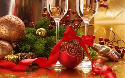 クリスマス, 新年, 2018, 装飾, クリスマスの赤いボール, ガラスシャンパン