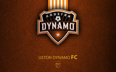 Houston Dynamo FC, 4K, Americano Futebol Clube, MLS, textura de couro, logo, emblema, Major League Soccer, Houston, Texas, EUA, futebol, MLS logotipo
