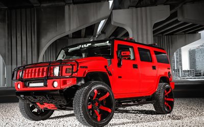 Hummer H2, American SUV, tuning Hummer, red H2, American cars, red-black wheels, Hummer