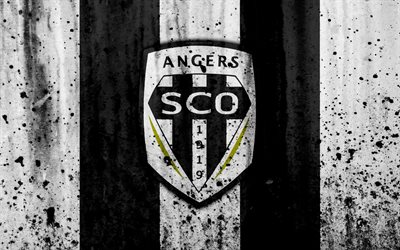 FC Angers, 4k, logo, Ligue 1, stone texture, Angers, grunge, soccer, football club, metal texture, Liga 1, Angers FC