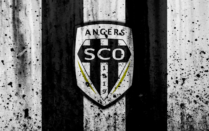 FC Angers, 4k, logo, Ligue 1, pietra, texture, Angers, il grunge, il calcio, il football club, struttura del metallo, Liga 1, Angers FC