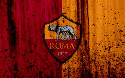 AS Roma, 4k, logotyp, Serie A, sten struktur, Roma, grunge, fotboll, football club, FC Roma