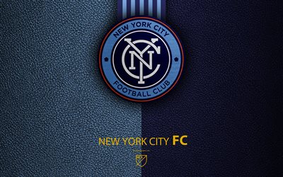 New York City FC, 4k, American club de f&#250;tbol, MLS, textura de cuero, logotipo, emblema, la Major League Soccer, Nueva York, estados UNIDOS, el f&#250;tbol, el logo de la MLS