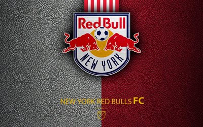 New York Red Bulls FC, 4k, American soccer club, MLS, leather texture, logo, emblem, Major League Soccer, New York, USA, football, MLS logo