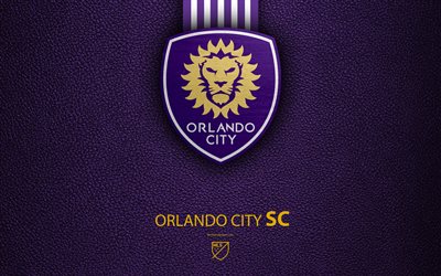 Orlando City FC, 4K, American soccer club, MLS, leather texture, logo, emblem, Major League Soccer, Orlando, Florida, USA, football, MLS logo