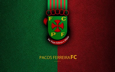 Pacos Ferreira FC, 4K, leather texture, Liga NOS, Primeira Liga, emblem, logo, Pasush di Ferreira, Portugal, football, Portugal Football Championships