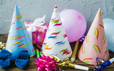 Happy Birthday, paper caps, balloons, Birthday concepts, ornaments
