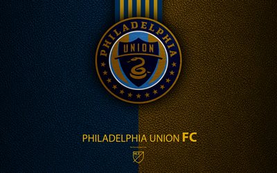 Philadelphia Union FC, 4K, American soccer club, MLS, leather texture, logo, emblem, Major League Soccer, Philadelphia, Pennsylvania, USA, football, MLS logo