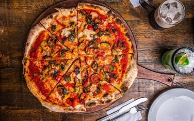 pizza, vista desde arriba, la comida r&#225;pida, pizza vegetariana