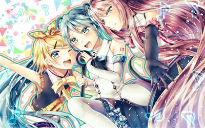 4k, Kagamine Len, Hatsune Miku, Megurine Luka, art, manga, anime merkki&#228;, Vocaloid