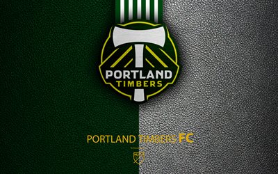 Portland Timbers FC, 4K, Americano futebol clube, MLS, textura de couro, logo, emblema, Major League Soccer, Portland, Oregon, EUA, futebol, MLS logotipo