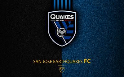 San Jose Earthquakes FC, 4K, American Soccer Club, MLS, leather texture, logo, emblem, Major League Soccer, San Jose, California, USA, football, MLS logo