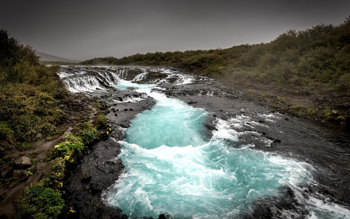 mountain river, glacial river, stones, coast, cloudy weather, Arnessysla, Iceland, Bruarfoss