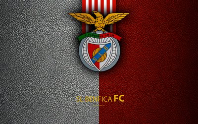 SL Benfica, FC, 4K, leather texture, Liga NOS, Primeira Liga, emblem, Benfica logo, Lisbon, Portugal, football, Portugal Football Championships