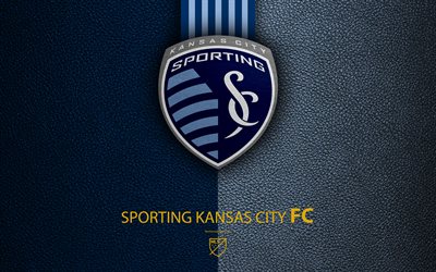 Sporting Kansas City FC, 4K, American soccer club, MLS, leather texture, logo, emblem, Major League Soccer, Kansas City, Missouri, USA, football, MLS logo