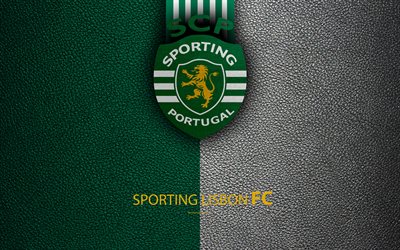 Sporting Lisbon FC, 4K, leather texture, Liga NOS, Primeira Liga, emblem, Sporting  logo, Lisbon, Portugal, football, Portugal Football Championships