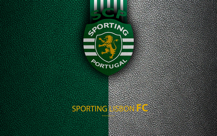 El Sporting de Lisboa FC, 4K, textura de cuero, la Liga de NOS, Primeira Liga, emblema, Deportivas logotipo, Lisboa, Portugal, el f&#250;tbol, el Campeonato de F&#250;tbol de Portugal