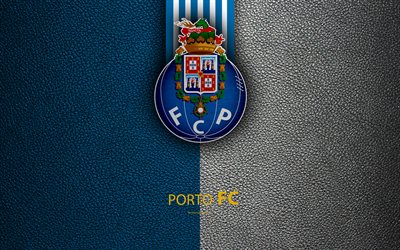 Porto FC, 4K, leather texture, Liga NOS, Primeira Liga, emblem, logo, Porto, Portugal, football, Portugal Football Championships