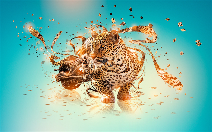 leopard, 4k, 3D art, moottoripy&#246;r&#228;t, saalistajat, luova