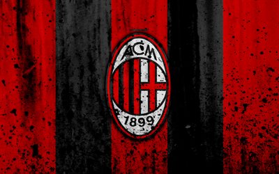 AC Milan, 4k, logo, Rossoneri, Serie A, stone texture, Milan, grunge, soccer, football club, Milan FC