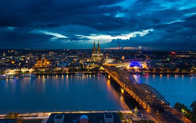 Cologne Cathedral, Cathedral Church of Saint Peter, Cologne, evening, sunset, river, bridge, Cologne cityscape, North Rhine-Westphalia, Germany