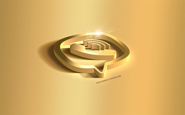 Logotipo do Viber 3D dourado, emblema do Viber, logotipo do Viber, fundo dourado, Viber, m&#237;dia social, arte 3D