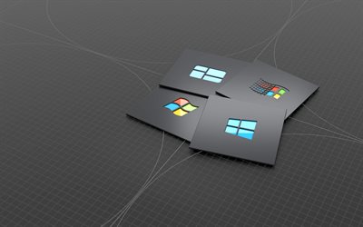 Logotipos diferentes do Windows, plano de fundo cinza do Windows, logotipo do Windows, arte criativa cinza, Windows