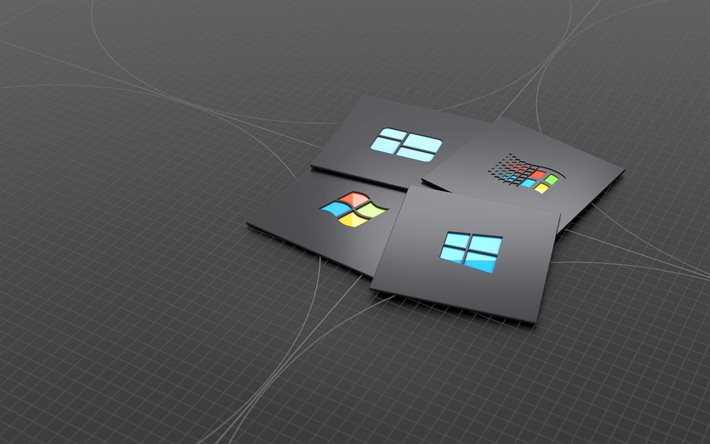 Logotipos diferentes do Windows, plano de fundo cinza do Windows, logotipo do Windows, arte criativa cinza, Windows