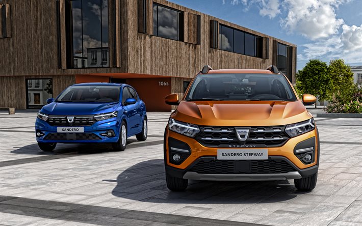 Dacia Sandero Stepway, 2021, Dacia Sandero, vista frontal, exterior, novo Sandero azul, novo Sandero Stepway laranja, Dacia