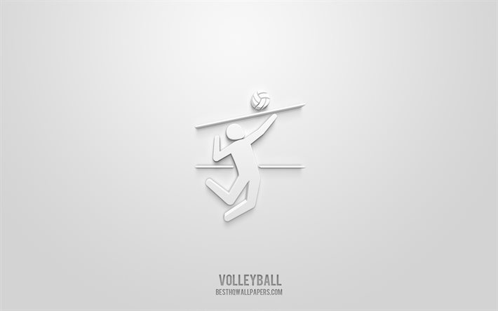volleyball-3d-symbol, wei&#223;er hintergrund, 3d-symbole, volleyball, kreative 3d-kunst, volleyball-zeichen, sport-3d-symbole