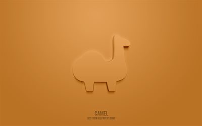 Kamel 3d-ikon, brun bakgrund, 3d-symboler, Kamel, kreativ 3d-konst, 3d-ikoner, Kameltecken, djur 3d-ikoner
