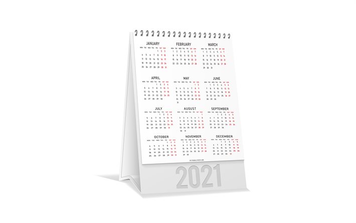 Calendrier de tous les mois 2021, nouvel an 2021, calendrier de papier blanc, calendrier de bureau 2021, concepts 2021, calendrier 2021