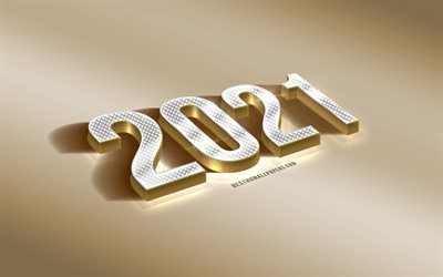 2021 fond 3D or, 2021 nouvel an, fond d&#39;or, art 3D cr&#233;atif, concepts 2021, lettres de diamant, fond de m&#233;taux pr&#233;cieux 2021