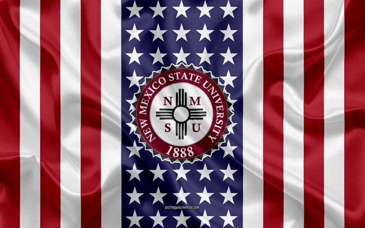 Emblema della New Mexico State University, bandiera americana, logo della New Mexico State University, Las Cruces, New Mexico, USA, New Mexico State University