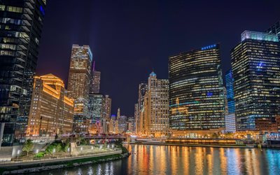 Chicago, modern binalar, gece manzaraları, amerikan şehirleri, Illinois, Amerika, Chicago geceleri, ABD, Chicago Şehri, Illinois Şehirleri