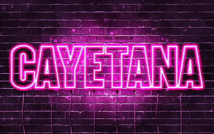 Cayetana, 4k, bakgrundsbilder med namn, kvinnliga namn, Cayetana namn, lila neonljus, Grattis p&#229; f&#246;delsedagen Cayetana, popul&#228;ra franska kvinnliga namn, bild med Cayetana namn