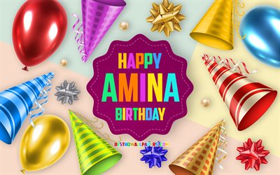 Happy Birthday Amina, 4k, Birthday Balloon Background, Amina, creative art, Happy Amina birthday, silk bows, Amina Birthday, Birthday Party Background